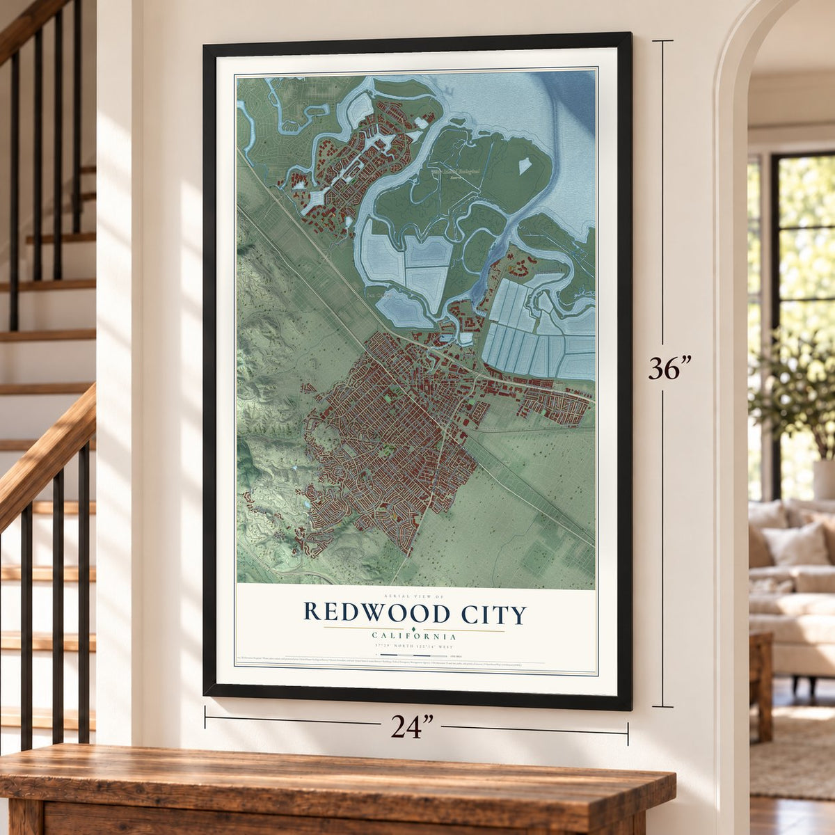 Redwood City, California map, 24 x 36 inch print in a black frame by a staircase