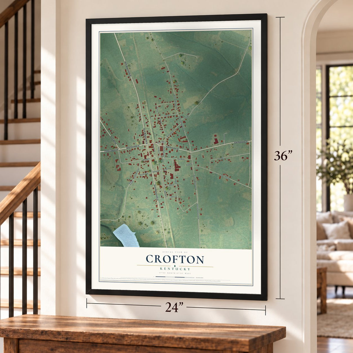 Crofton, Kentucky map, 24 x 36 inch print in a black frame by a staircase