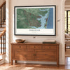 Toms River, New Jersey map, 24 x 36 inch print in a black frame above a dresser by a staircase