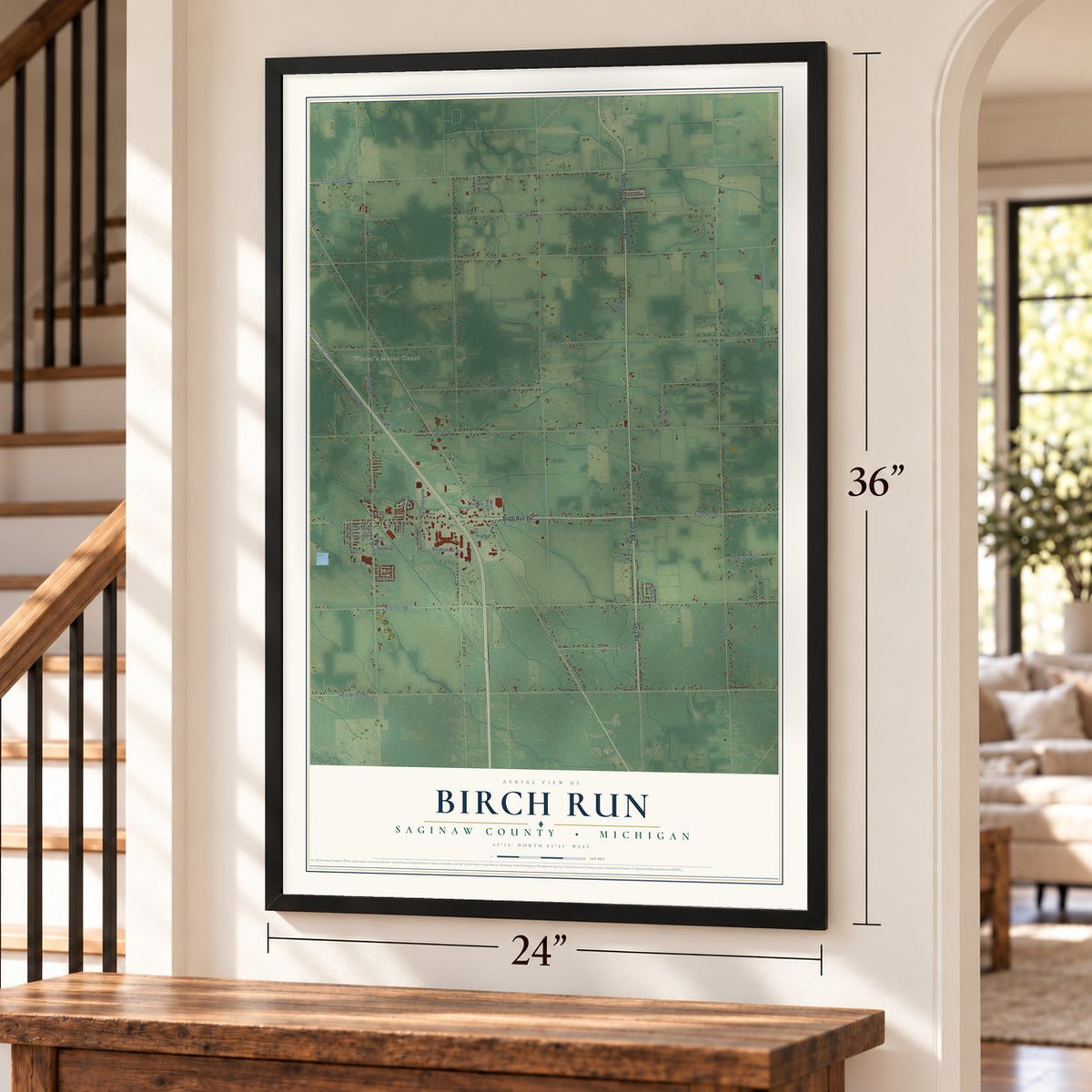 Birch Run, Saginaw County, Michigan map, 24 x 36 inch print in a black frame by a staircase