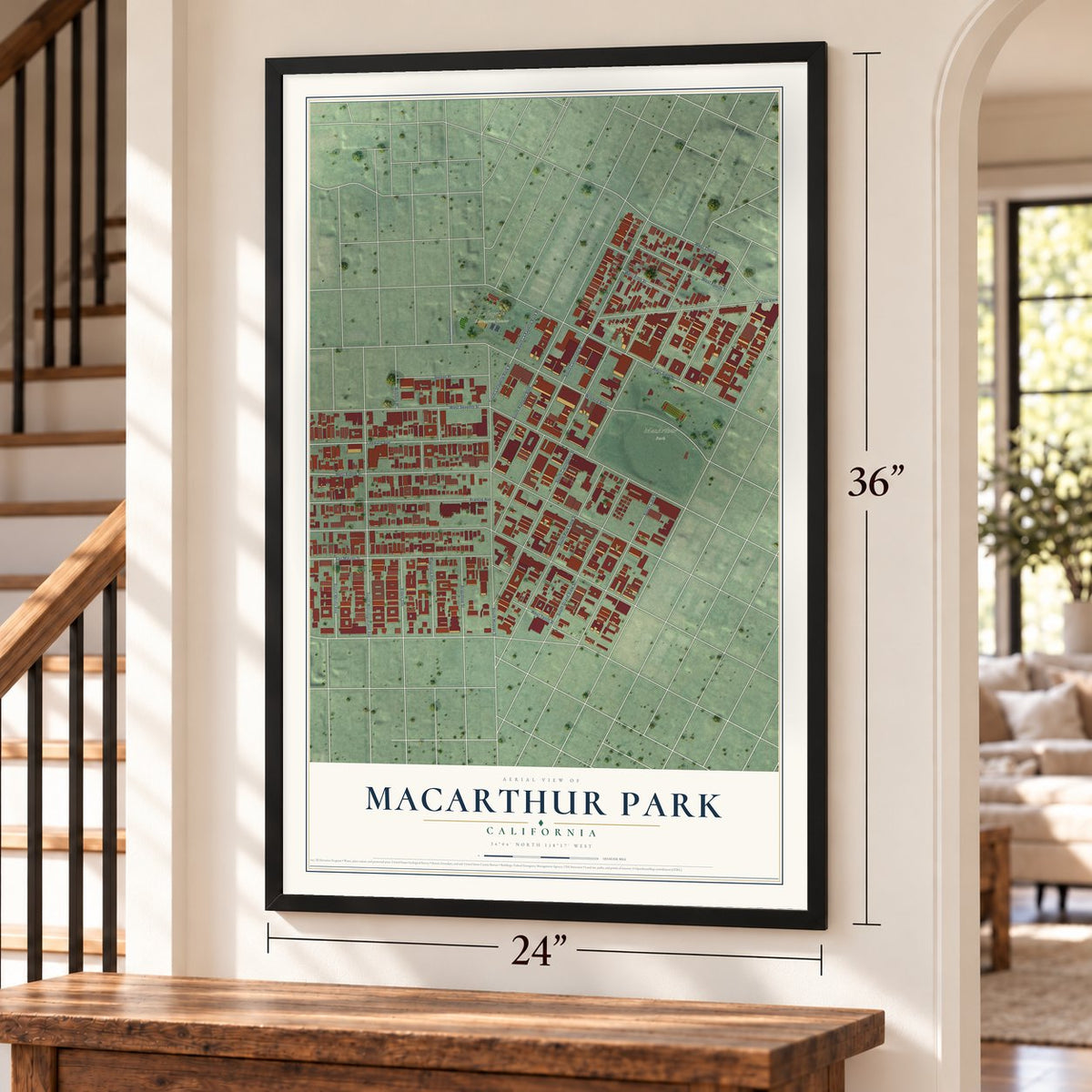 MacArthur Park, California map, 24 x 36 inch print in a black frame by a staircase