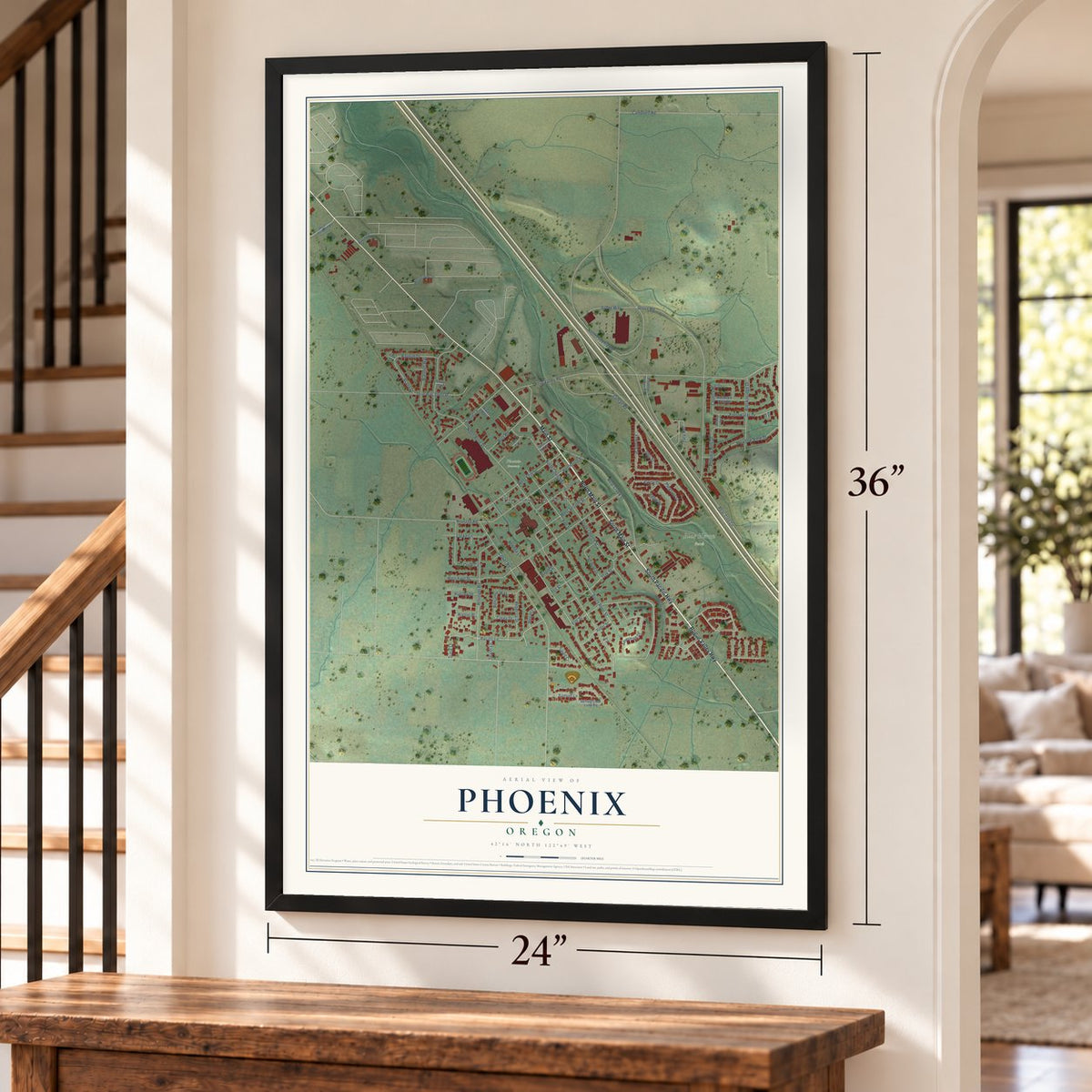 Phoenix, Oregon map, 24 x 36 inch print in a black frame by a staircase