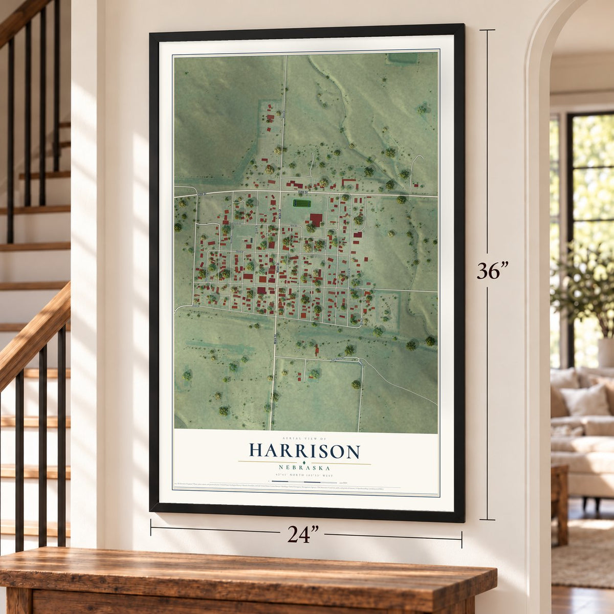 Harrison, Nebraska map, 24 x 36 inch print in a black frame by a staircase