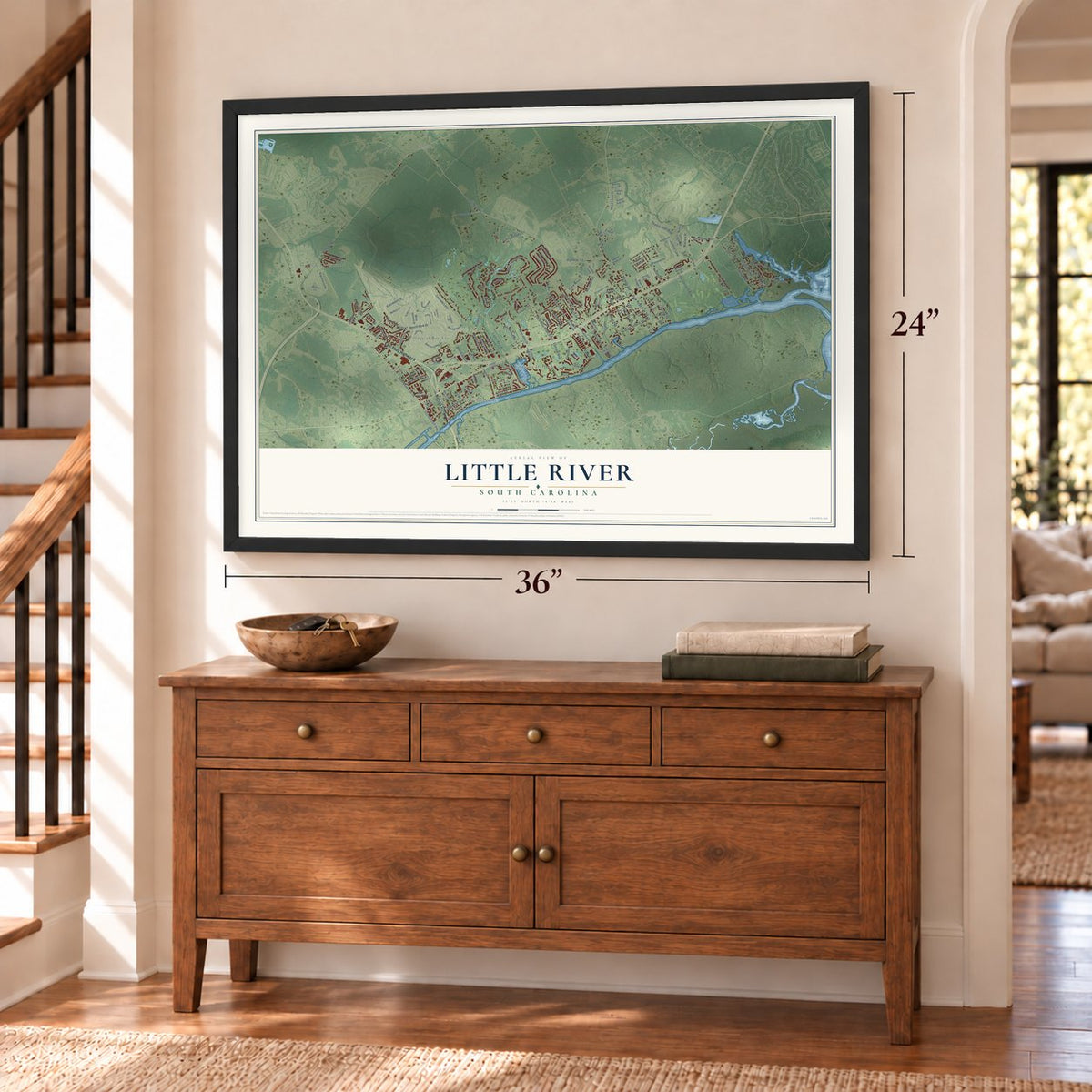 Little River, South Carolina map, 24 x 36 inch print in a black frame above a dresser by a staircase