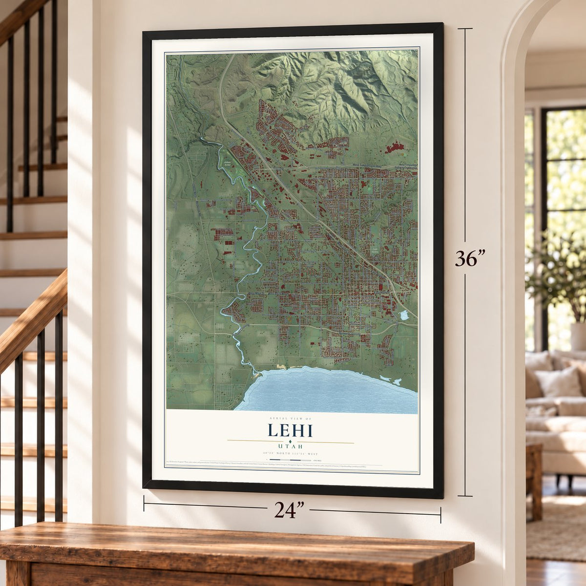 Lehi, Utah map, 24 x 36 inch print in a black frame by a staircase