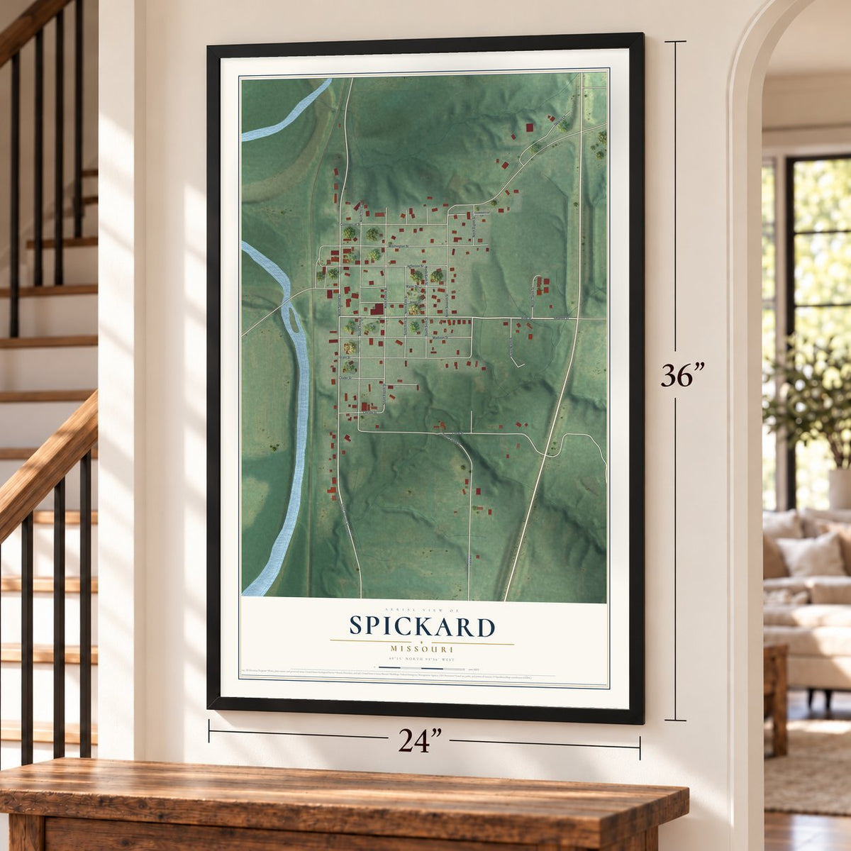 Spickard, Missouri map, 24 x 36 inch print in a black frame by a staircase