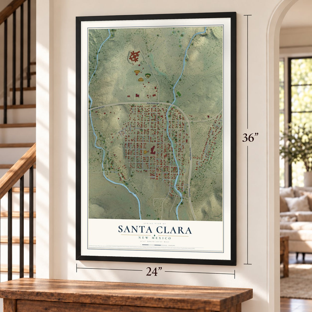 Santa Clara, New Mexico map, 24 x 36 inch print in a black frame by a staircase