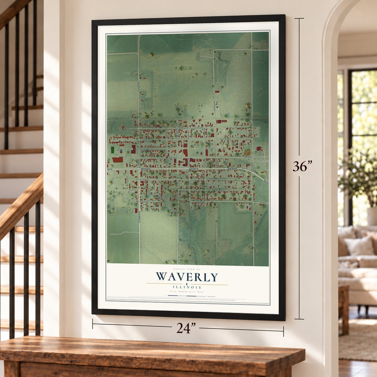 Waverly, Illinois map, 24 x 36 inch print in a black frame by a staircase