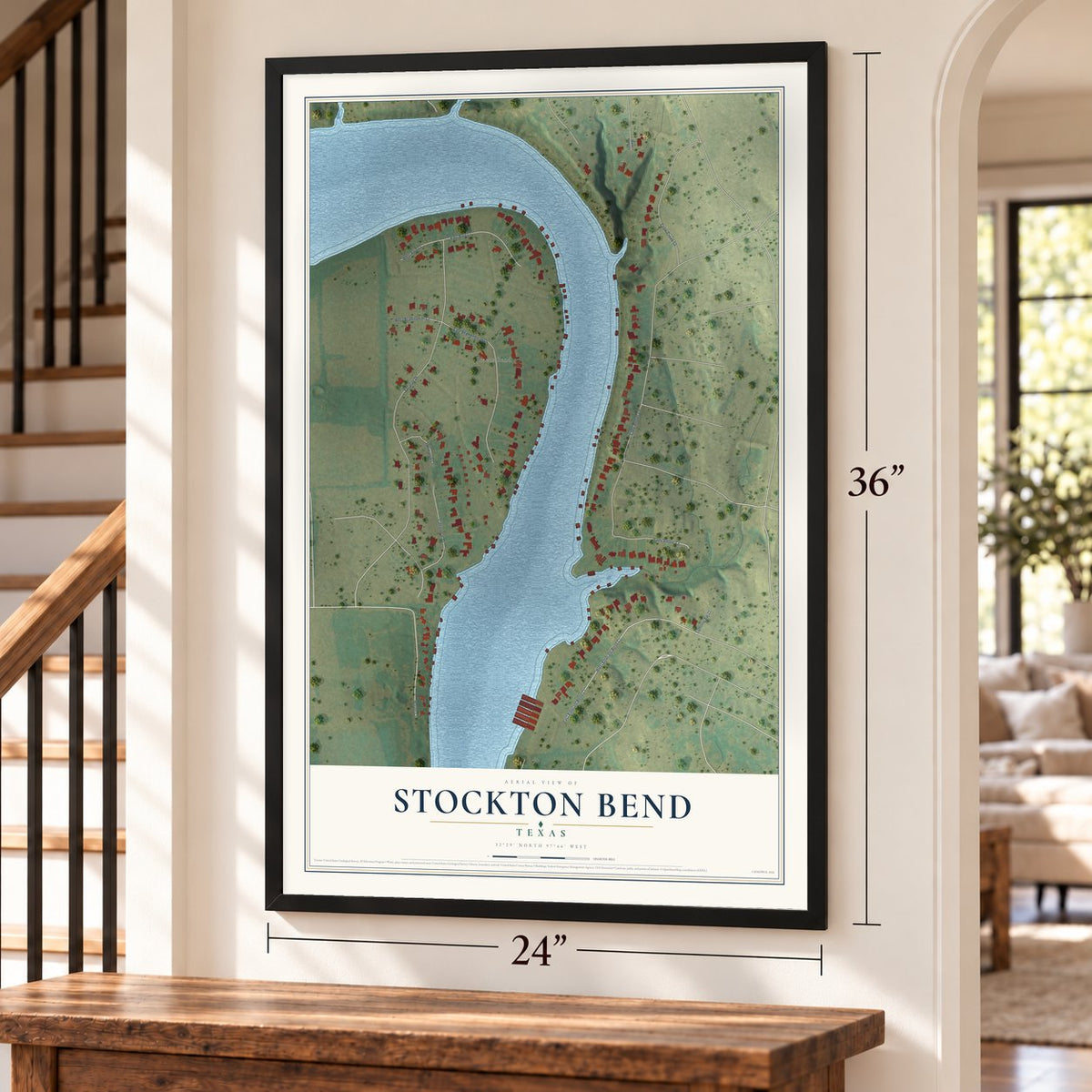 Stockton Bend, Texas map, 24 x 36 inch print in a black frame by a staircase