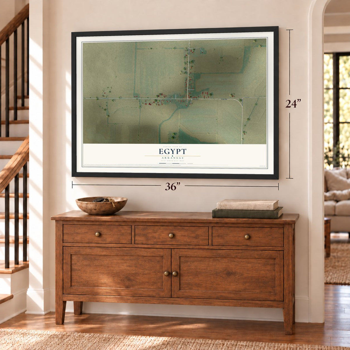 Egypt, Arkansas map, 24 x 36 inch print in a black frame above a dresser by a staircase