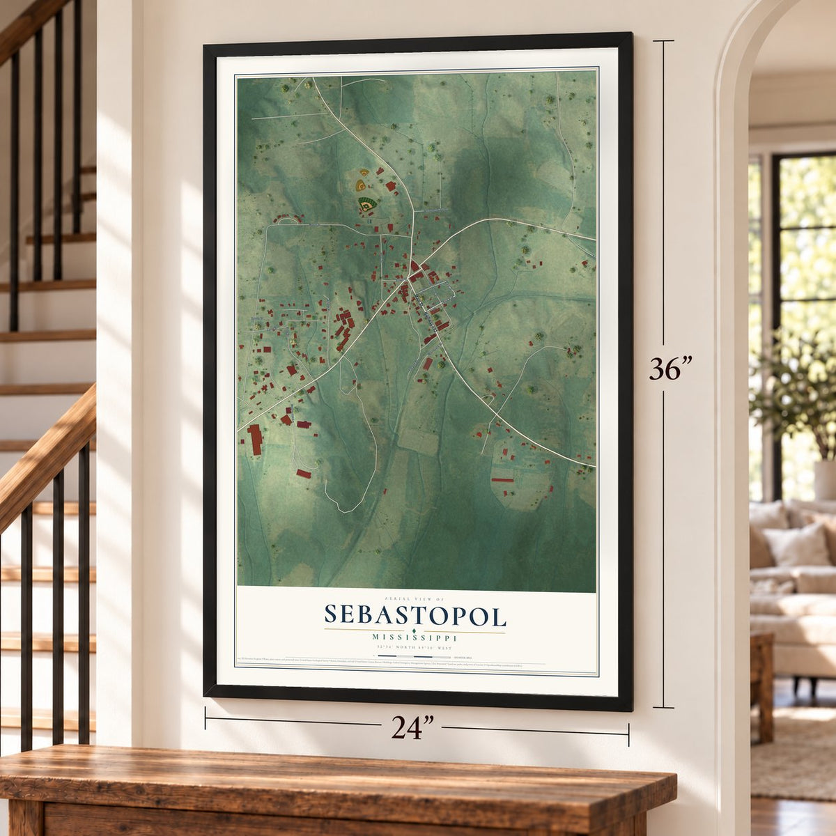 Sebastopol, Mississippi map, 24 x 36 inch print in a black frame by a staircase