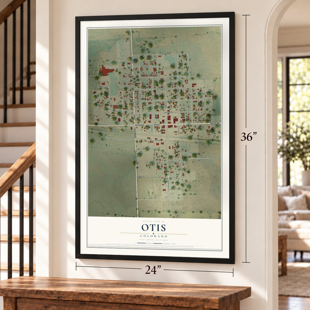 Otis, Colorado map, 24 x 36 inch print in a black frame by a staircase