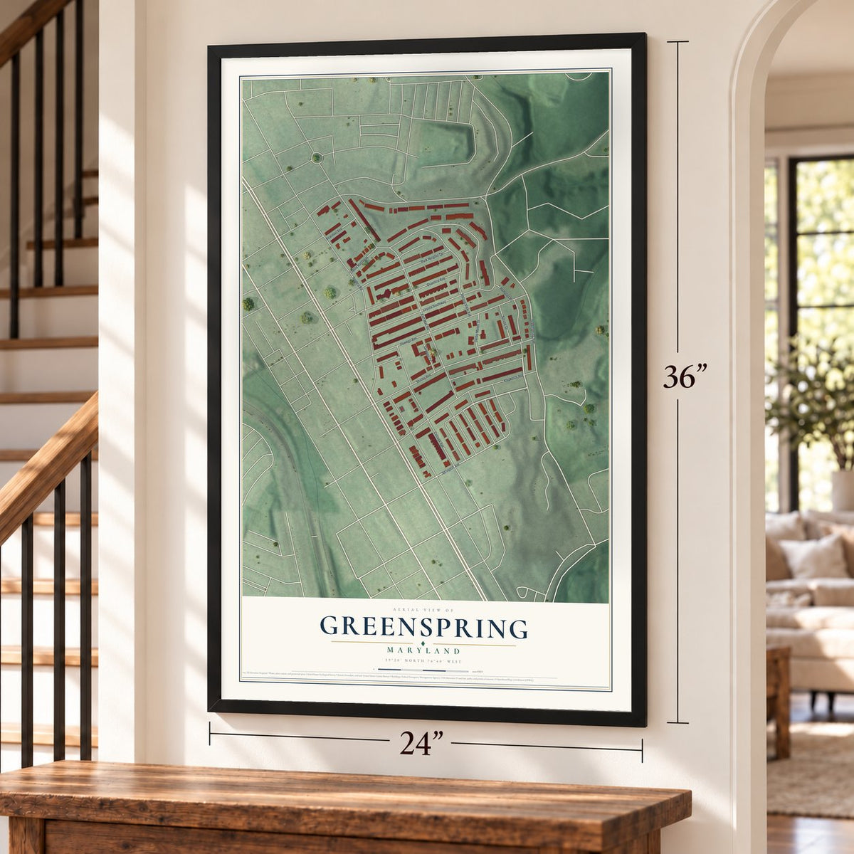 Greenspring, Maryland map, 24 x 36 inch print in a black frame by a staircase