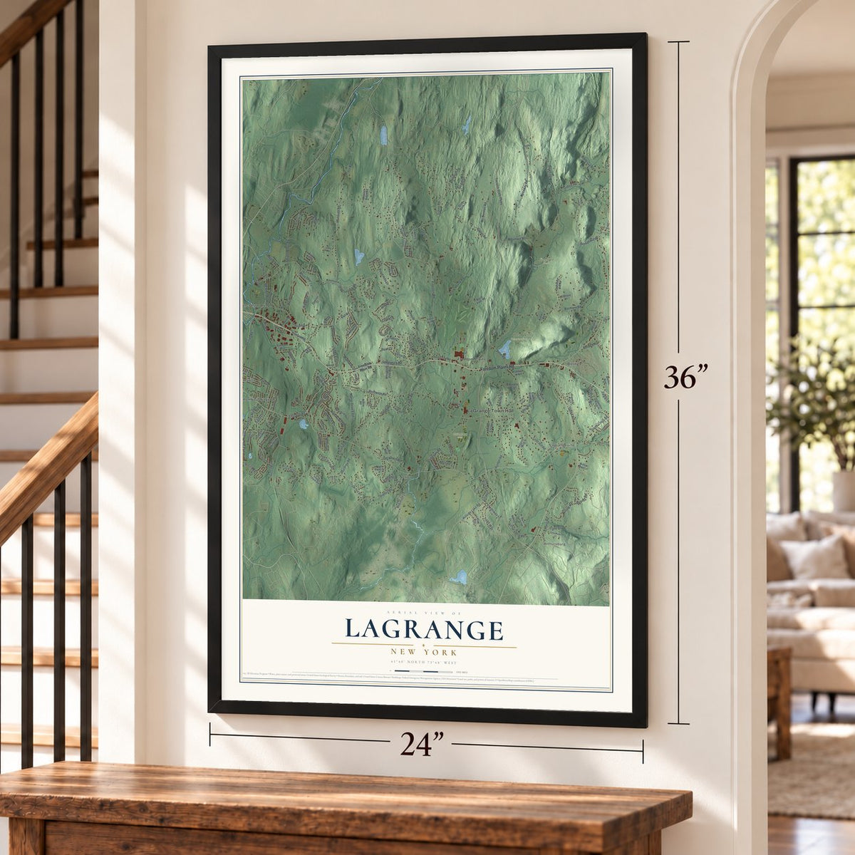 LaGrange, New York map, 24 x 36 inch print in a black frame by a staircase