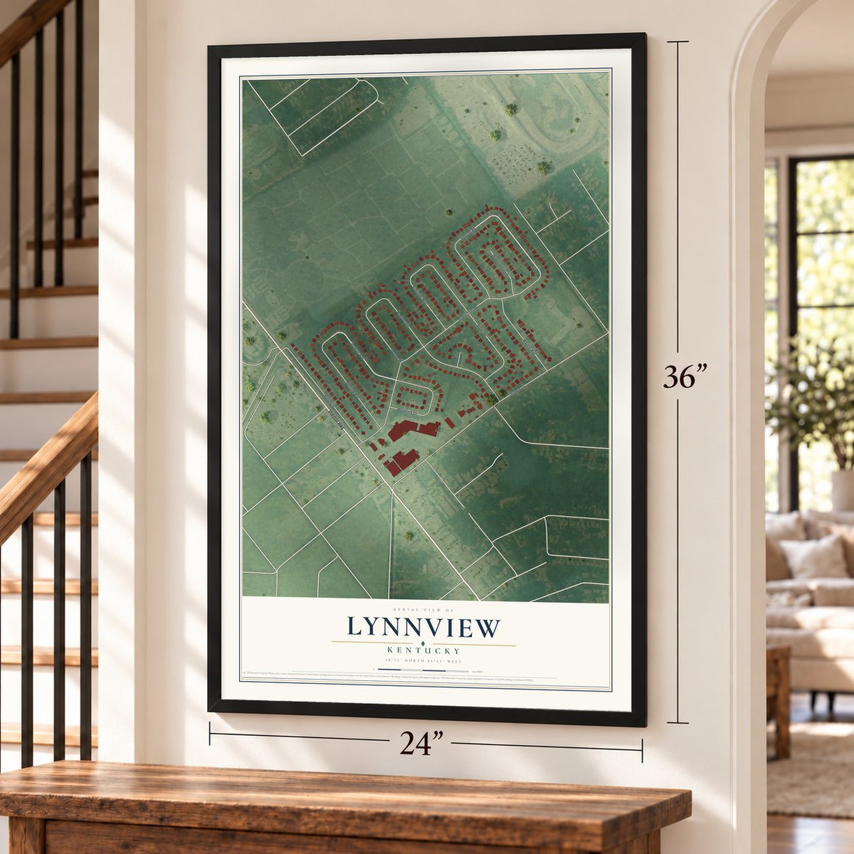 Lynnview, Kentucky map, 24 x 36 inch print in a black frame by a staircase