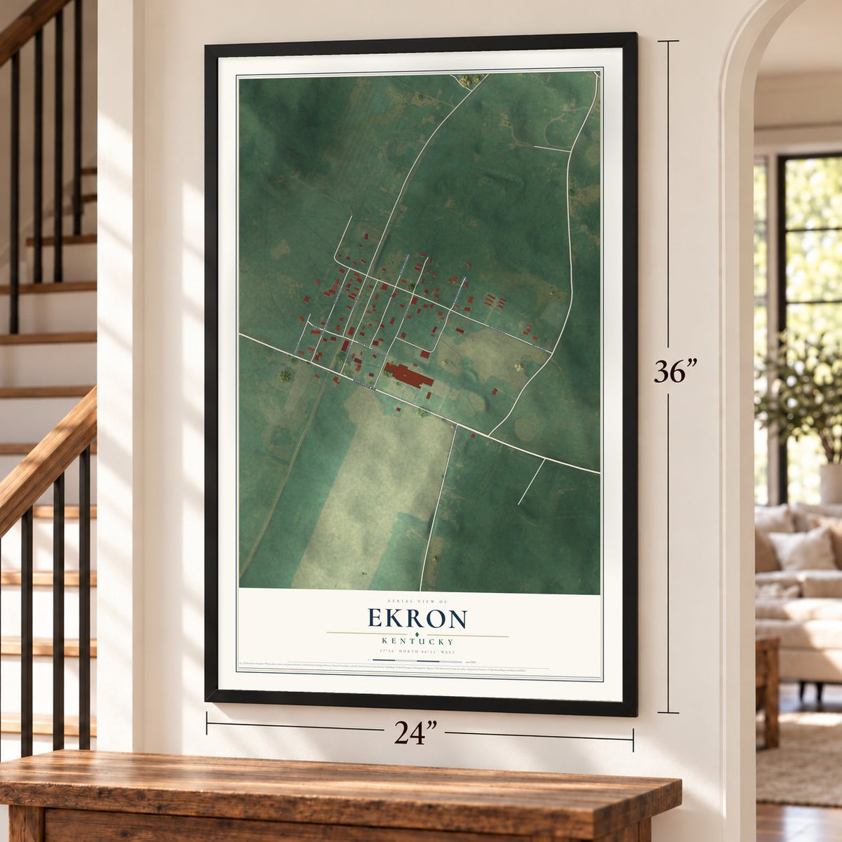 Ekron, Kentucky map, 24 x 36 inch print in a black frame by a staircase