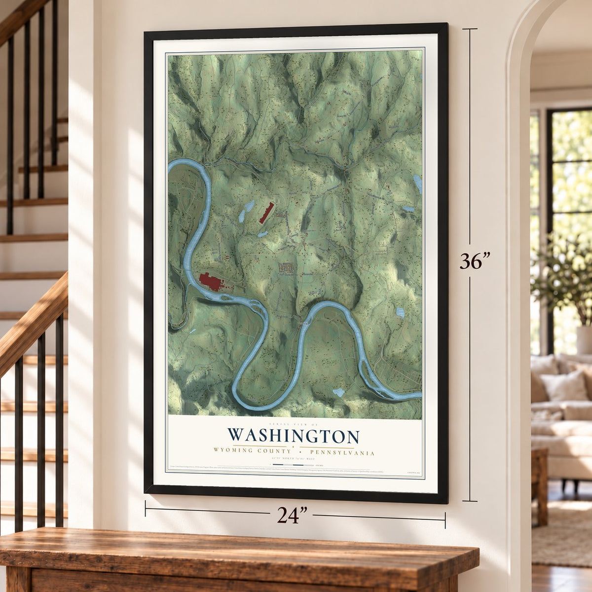 Washington, Wyoming County, Pennsylvania map, 24 x 36 inch print in a black frame by a staircase
