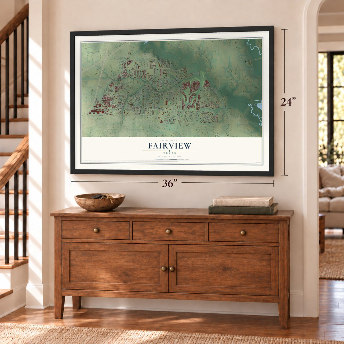 Fairview, Texas map, 24 x 36 inch print in a black frame above a dresser by a staircase