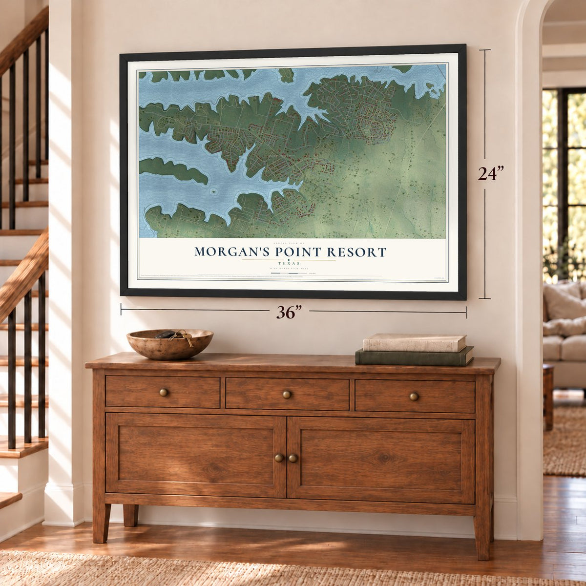 Morgan's Point Resort, Texas map, 24 x 36 inch print in a black frame above a dresser by a staircase
