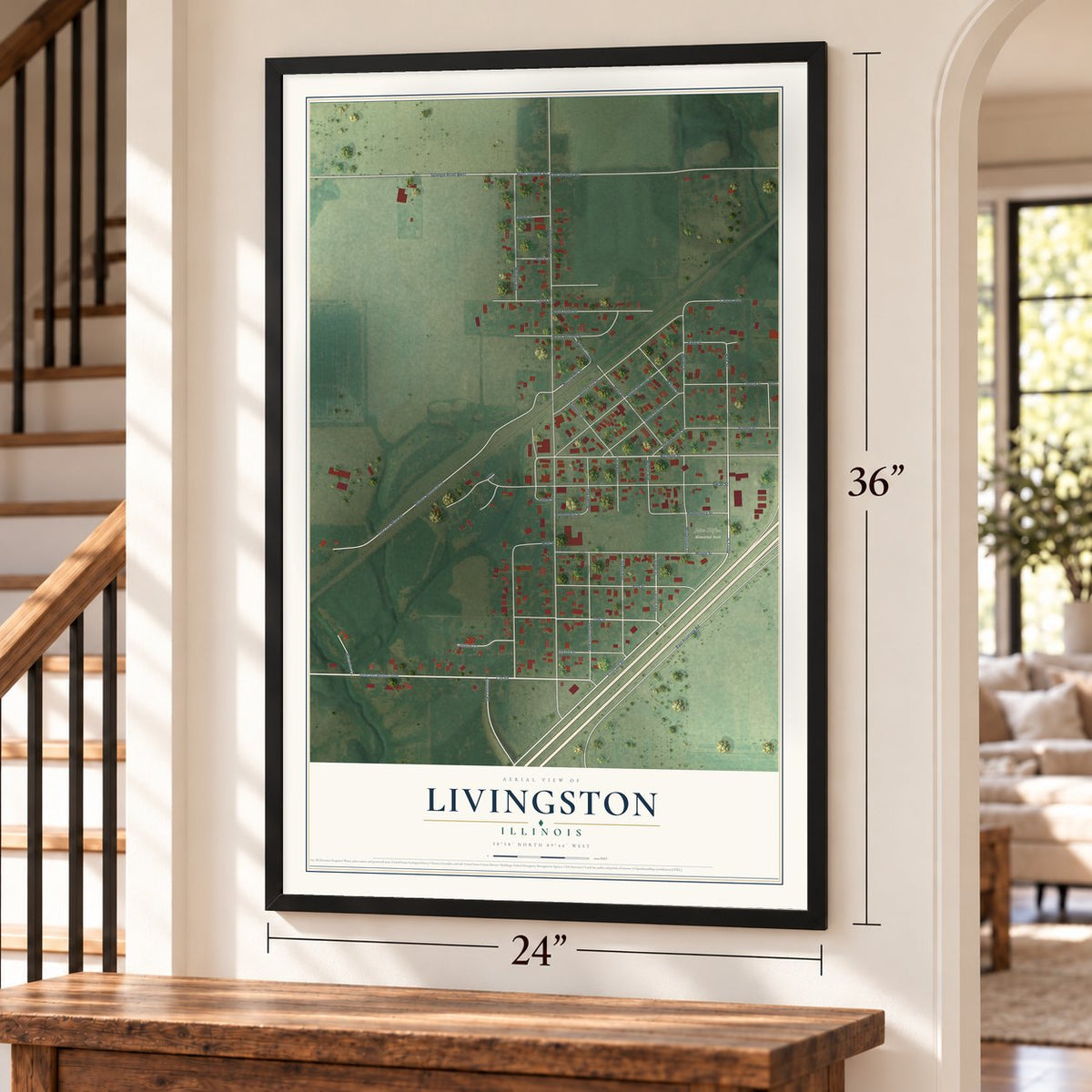 Livingston, Illinois map, 24 x 36 inch print in a black frame by a staircase
