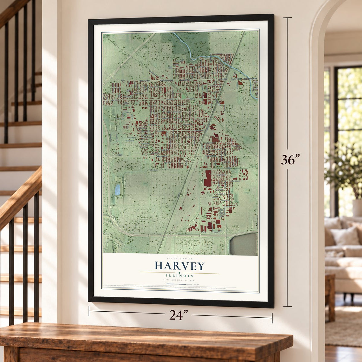 Harvey, Illinois map, 24 x 36 inch print in a black frame by a staircase