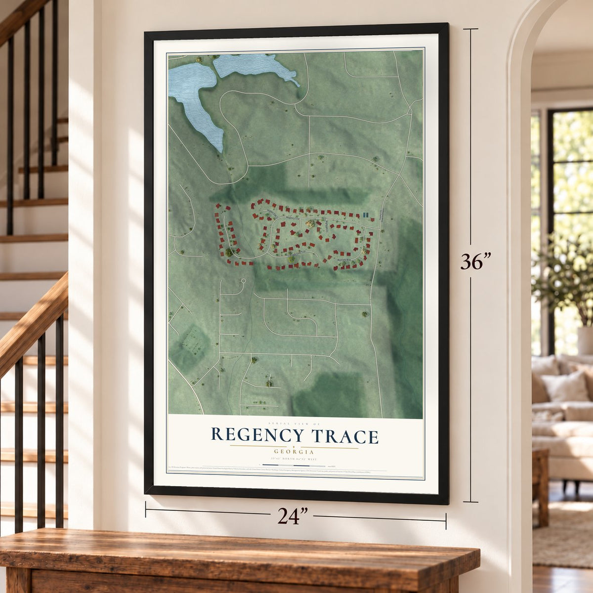 Regency Trace, Georgia map, 24 x 36 inch print in a black frame by a staircase