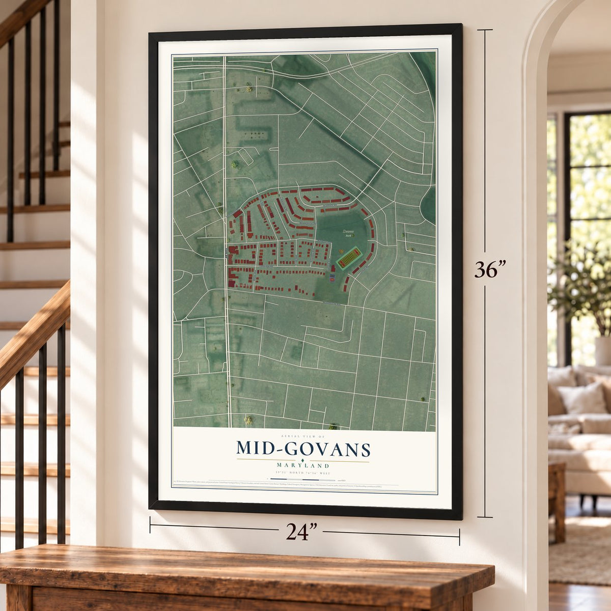 Mid-Govans, Maryland map, 24 x 36 inch print in a black frame by a staircase