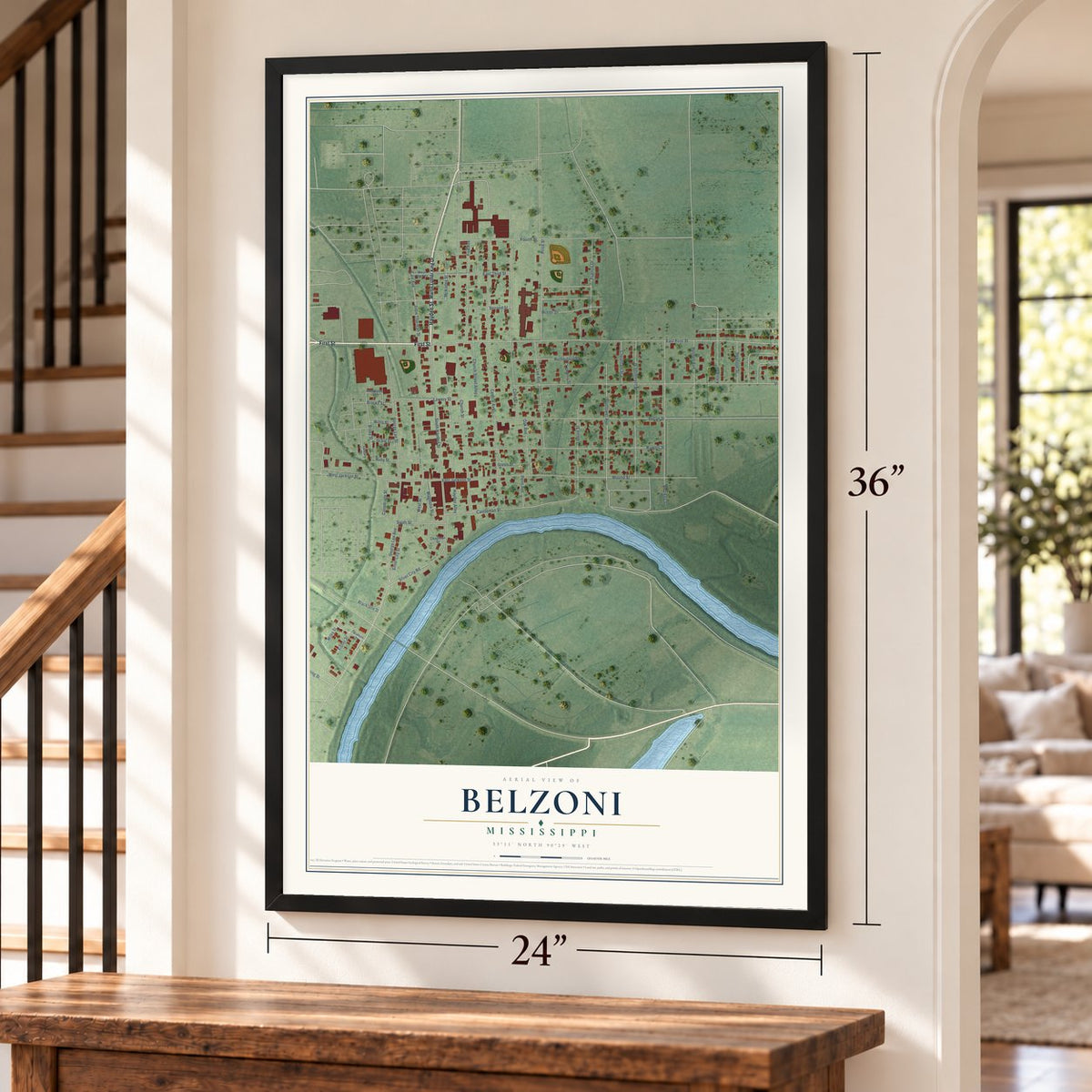 Belzoni, Mississippi map, 24 x 36 inch print in a black frame by a staircase