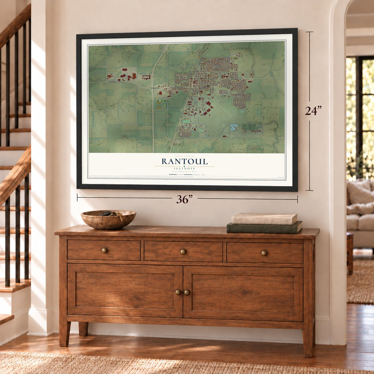 Rantoul, Illinois map, 24 x 36 inch print in a black frame above a dresser by a staircase