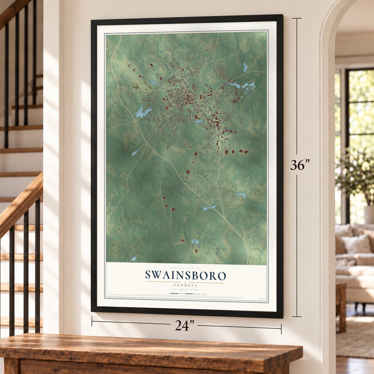 Swainsboro, Georgia map, 24 x 36 inch print in a black frame by a staircase