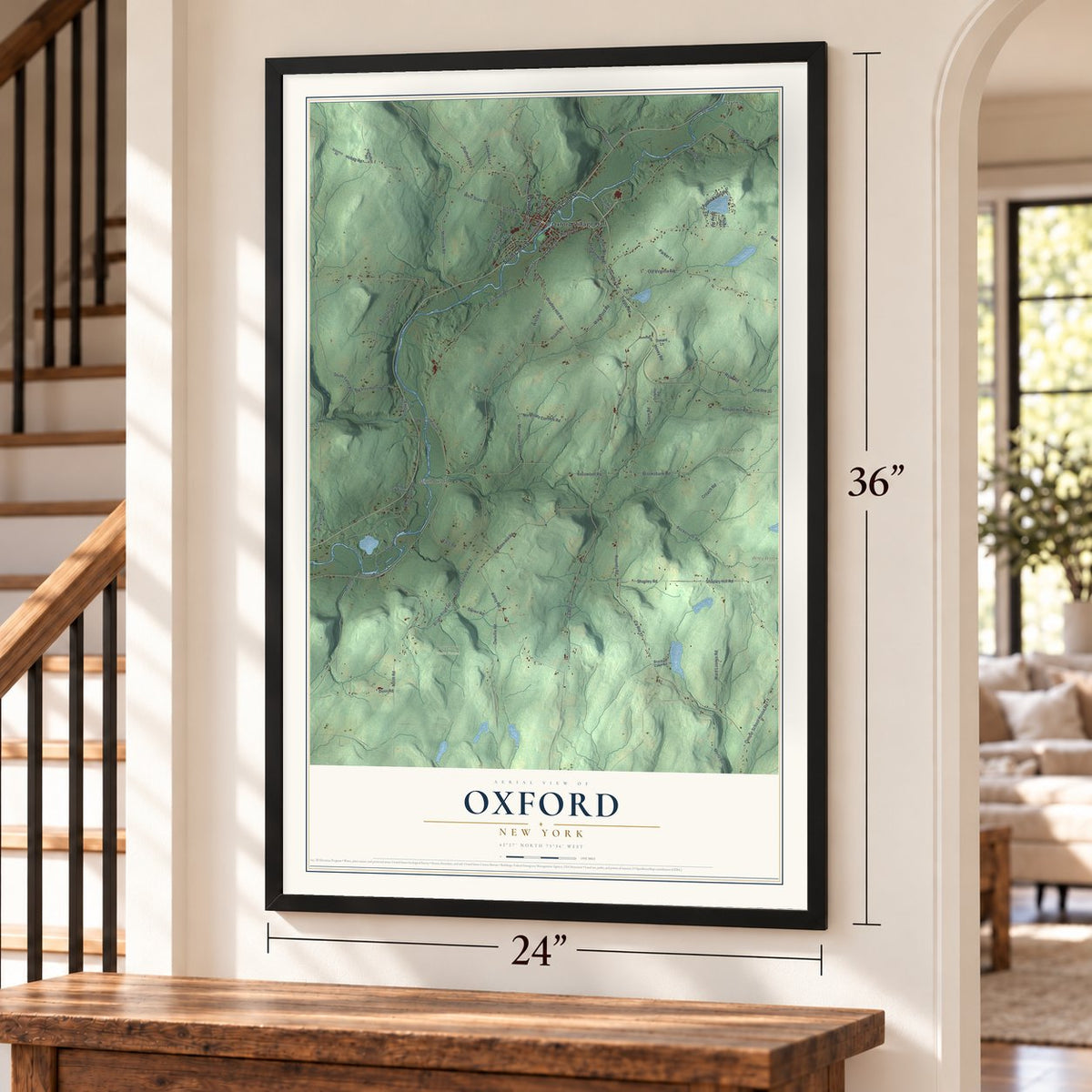 Oxford, New York map, 24 x 36 inch print in a black frame by a staircase
