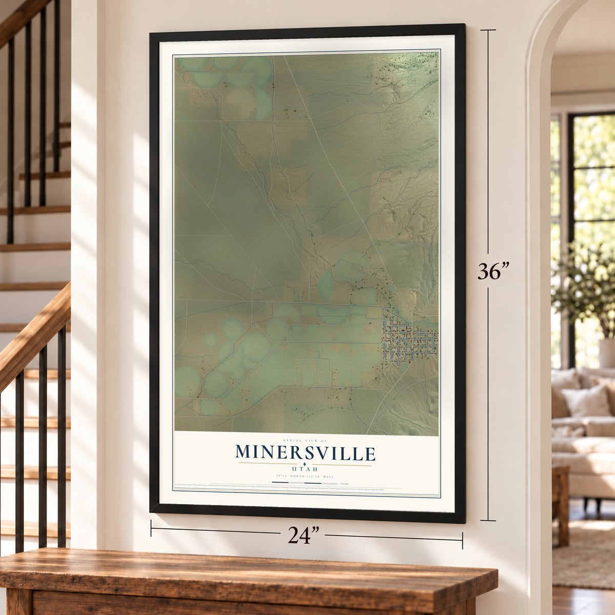 Minersville, Utah map, 24 x 36 inch print in a black frame by a staircase