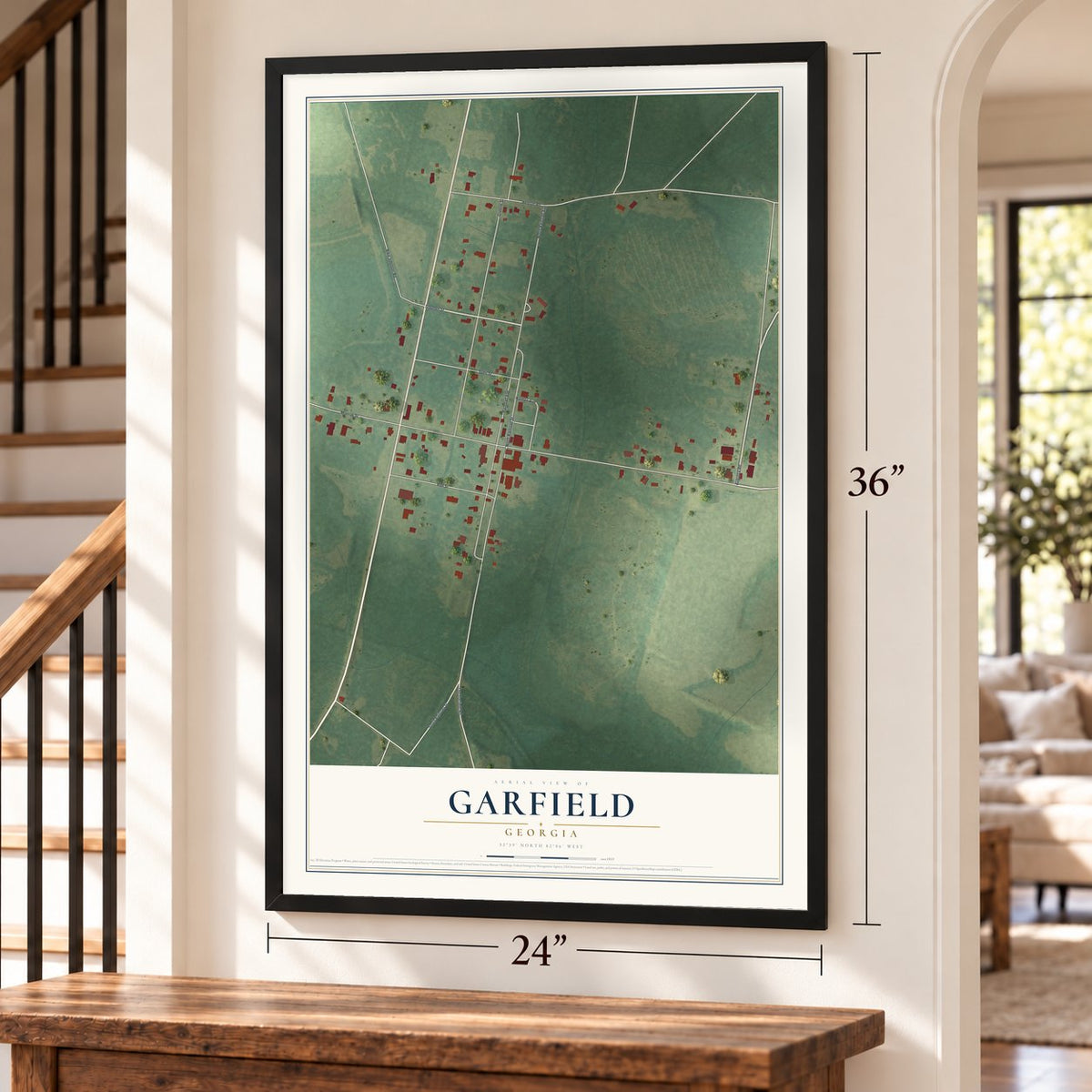 Garfield, Georgia map, 24 x 36 inch print in a black frame by a staircase