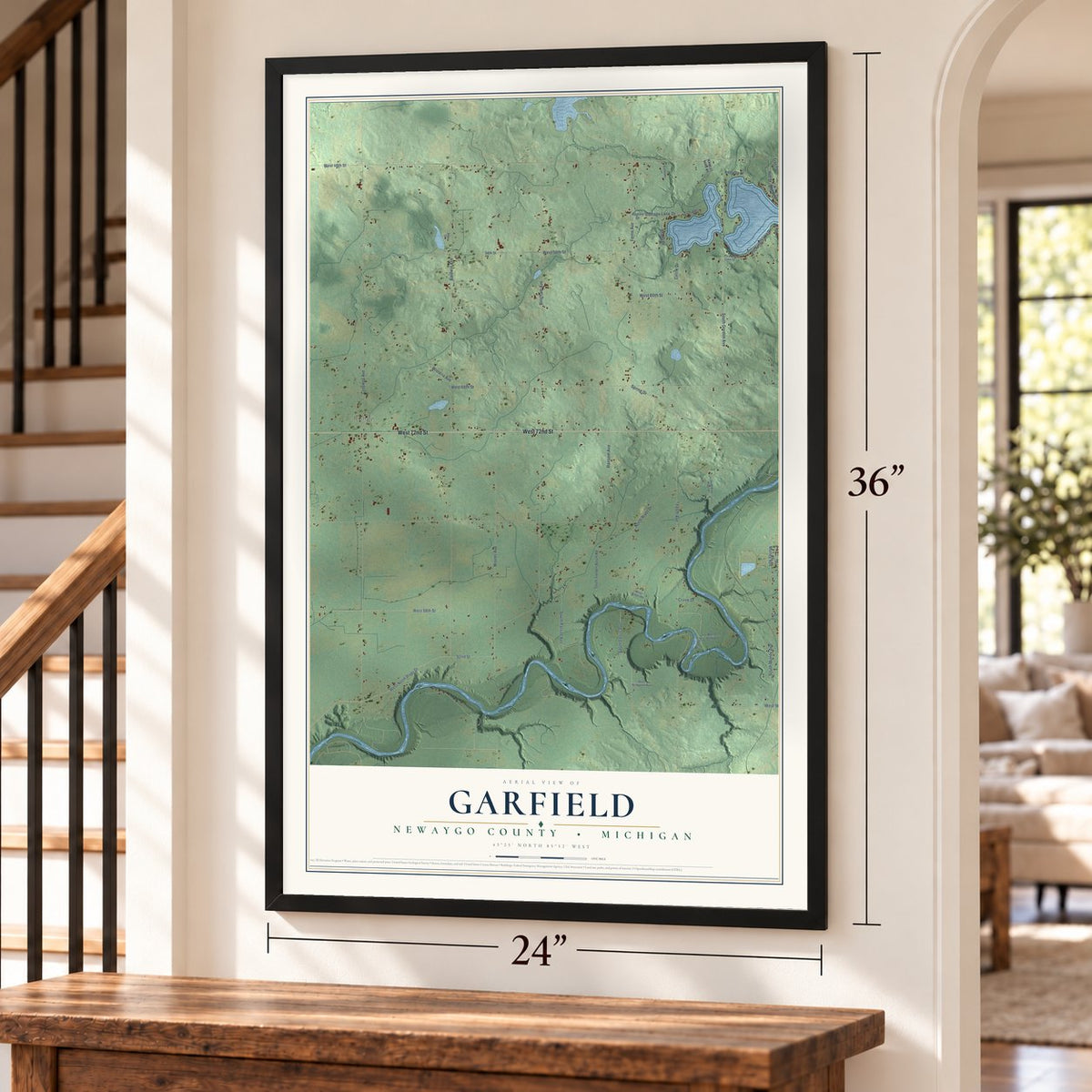 Garfield, Newaygo County, Michigan map, 24 x 36 inch print in a black frame by a staircase