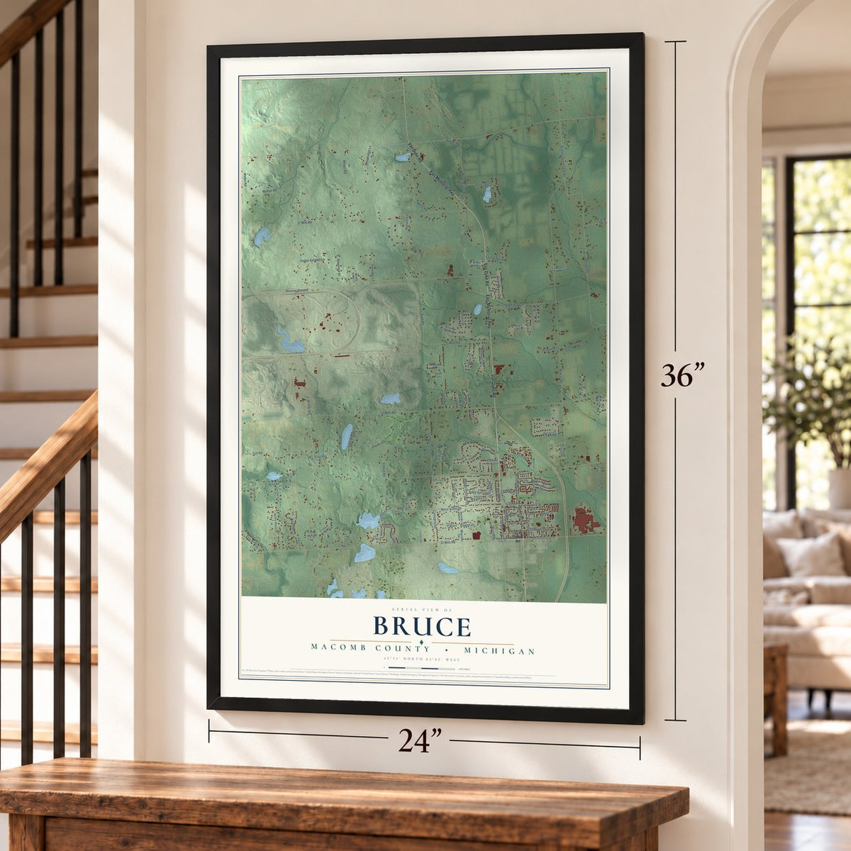 Bruce, Macomb County, Michigan map, 24 x 36 inch print in a black frame by a staircase