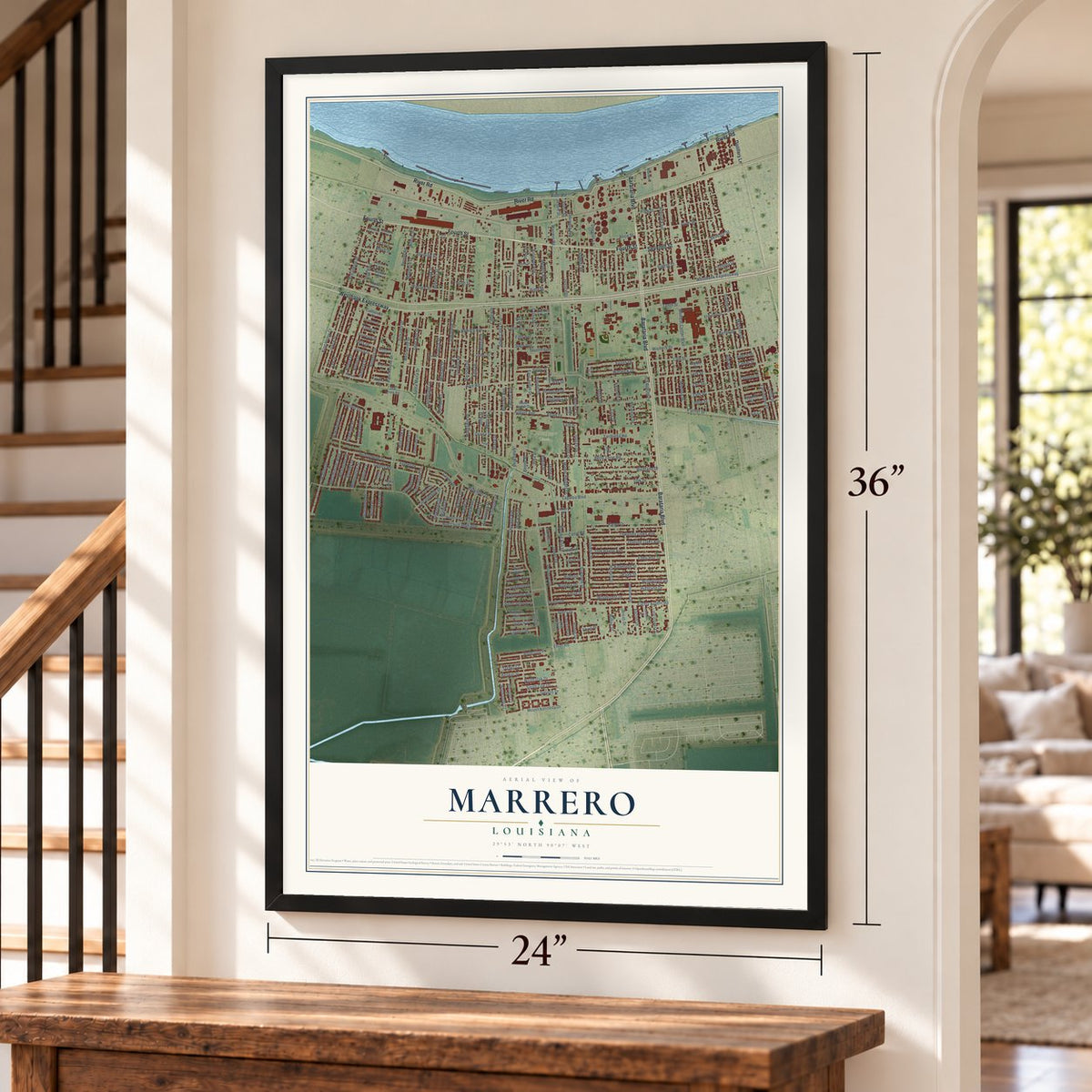 Marrero, Louisiana map, 24 x 36 inch print in a black frame by a staircase