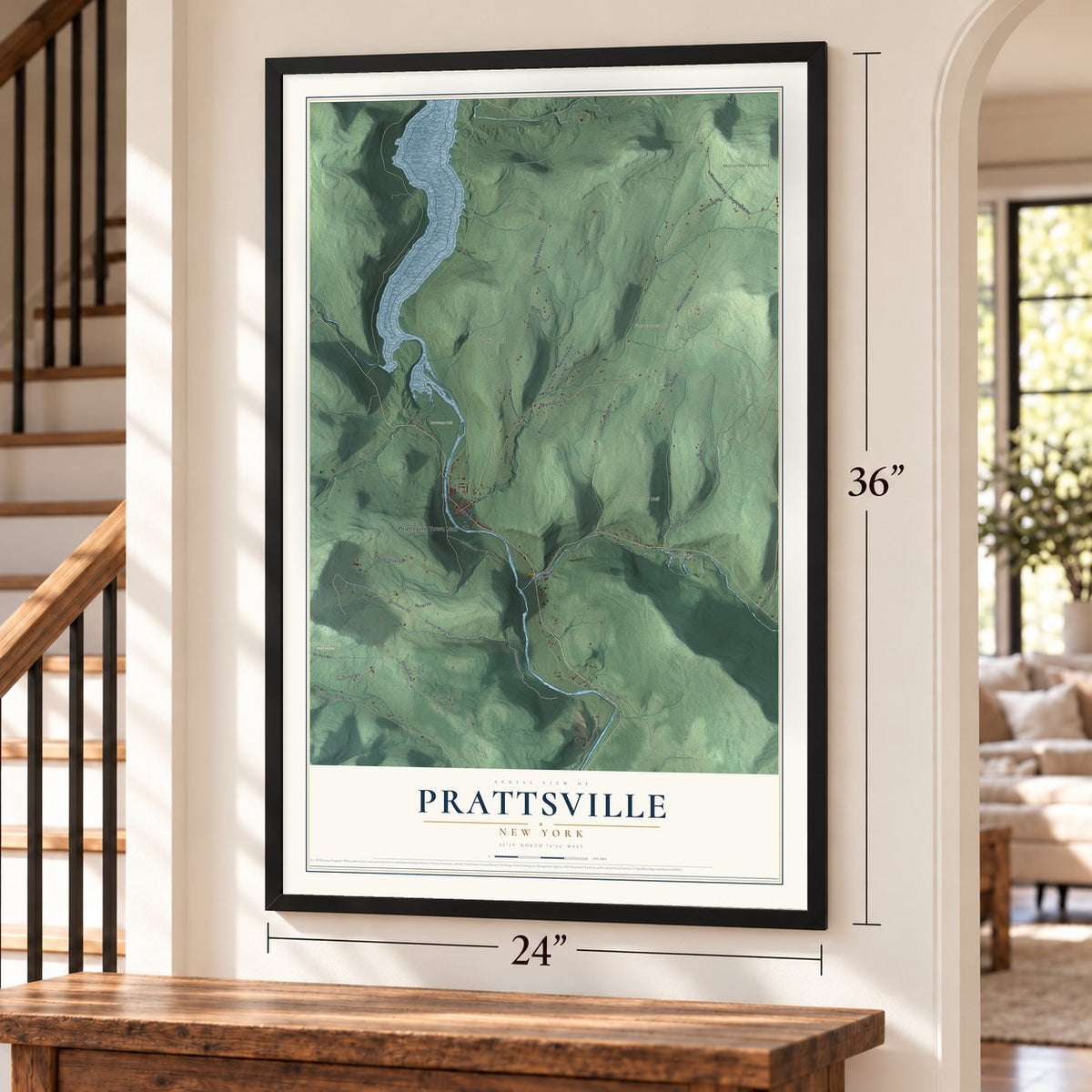 Prattsville, New York map, 24 x 36 inch print in a black frame by a staircase