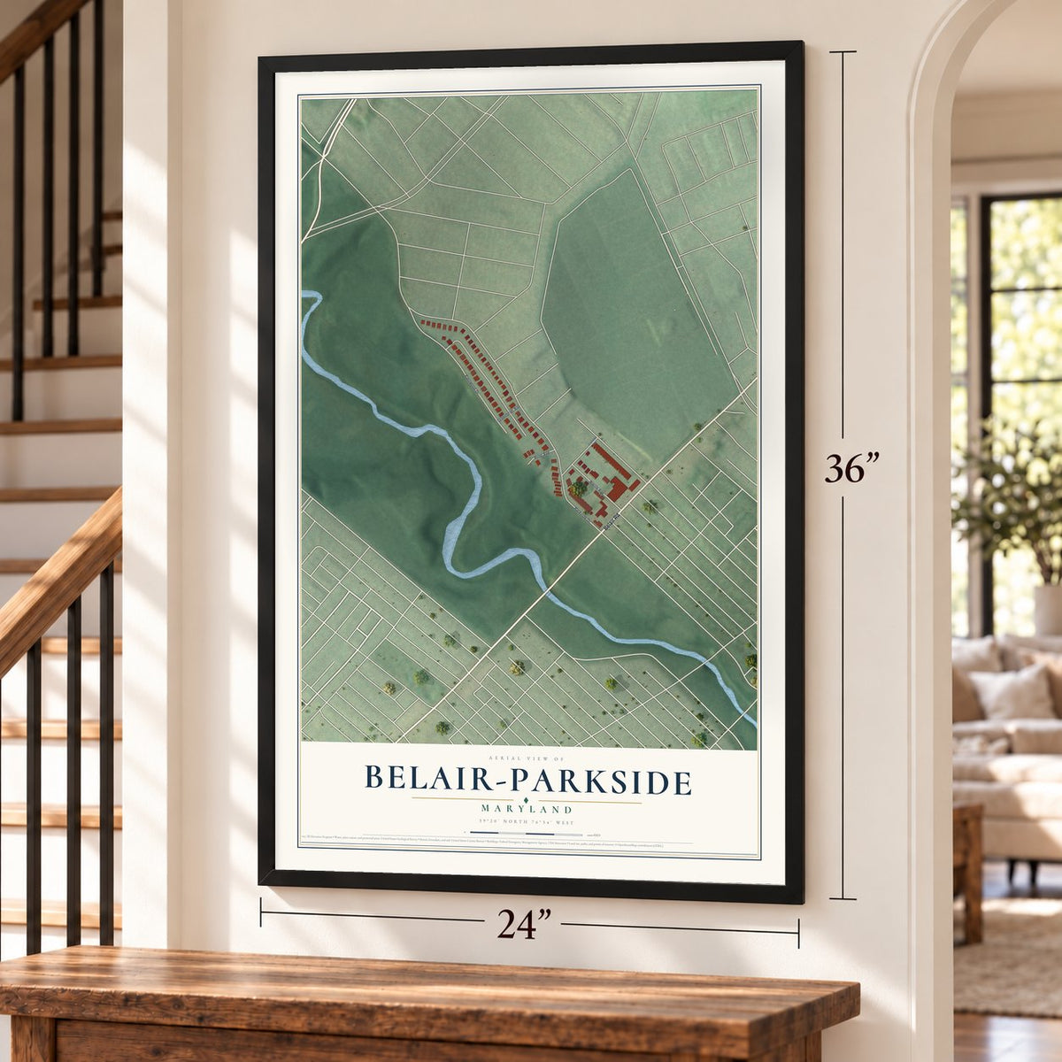 Belair-Parkside, Maryland map, 24 x 36 inch print in a black frame by a staircase