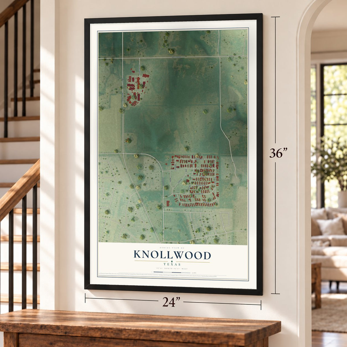 Knollwood, Texas map, 24 x 36 inch print in a black frame by a staircase