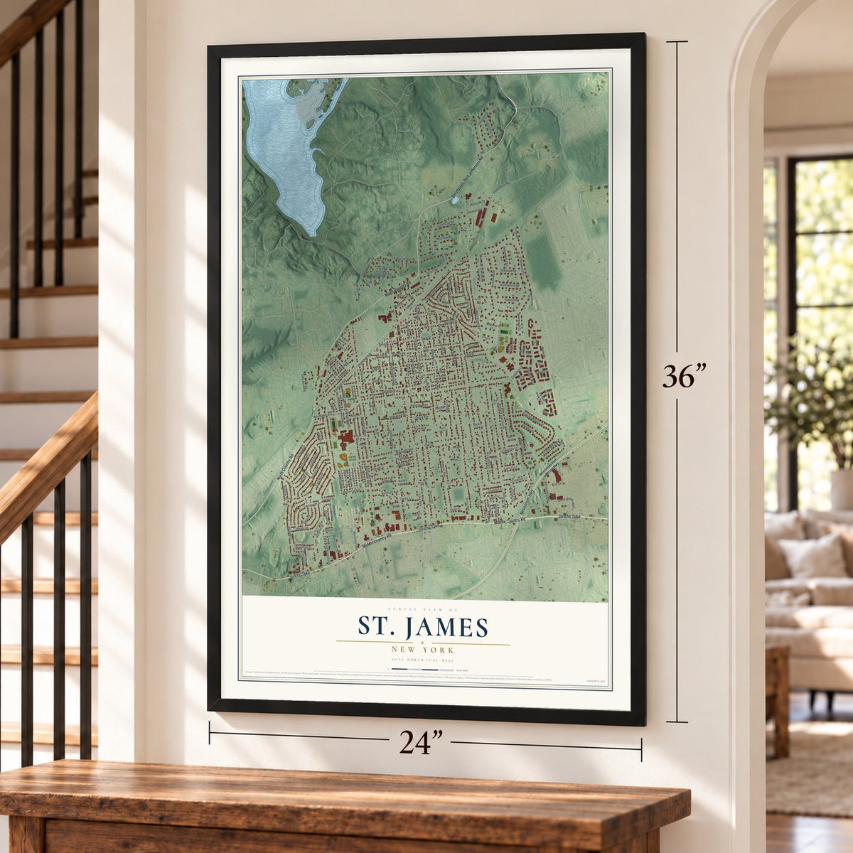 St. James, New York map, 24 x 36 inch print in a black frame by a staircase