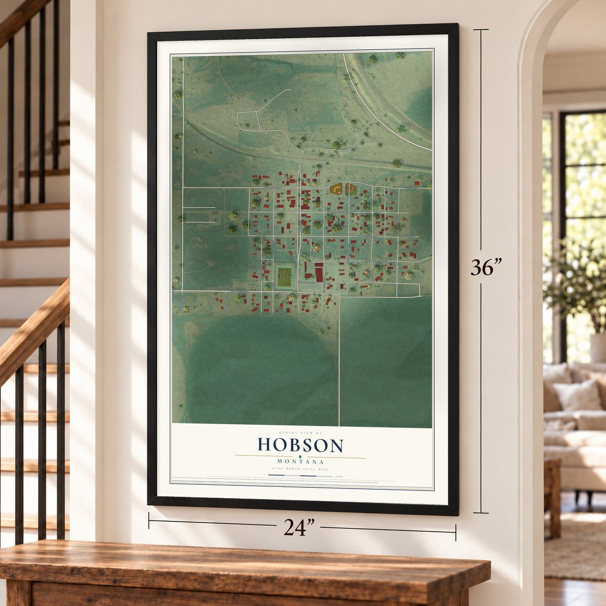 Hobson, Montana map, 24 x 36 inch print in a black frame by a staircase