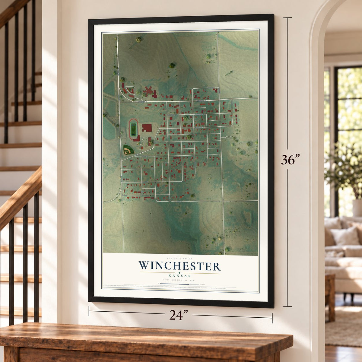 Winchester, Kansas map, 24 x 36 inch print in a black frame by a staircase