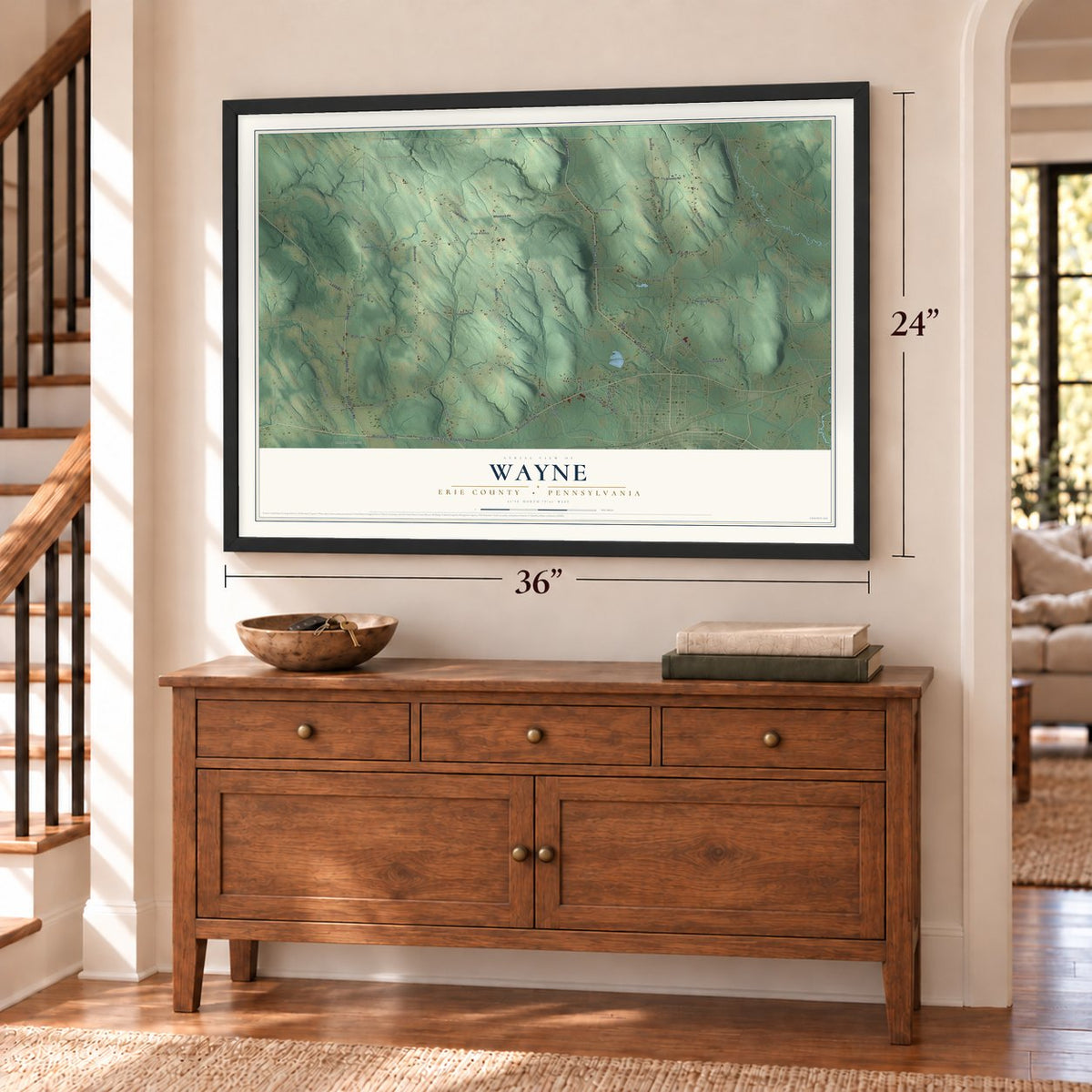Wayne, Erie County, Pennsylvania map, 24 x 36 inch print in a black frame above a dresser by a staircase