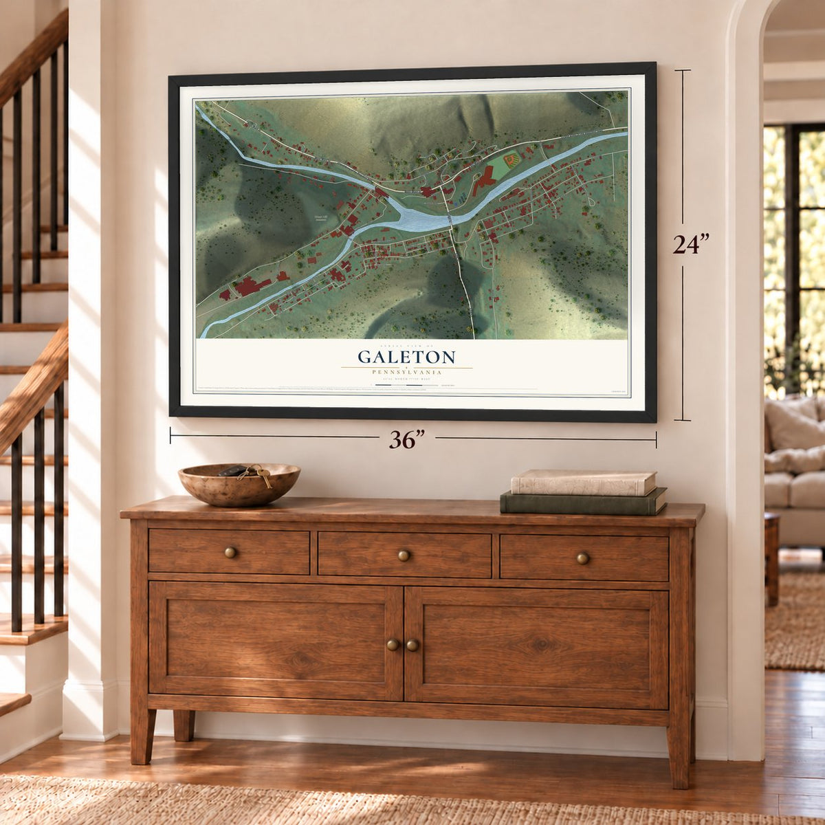 Galeton, Pennsylvania map, 24 x 36 inch print in a black frame above a dresser by a staircase