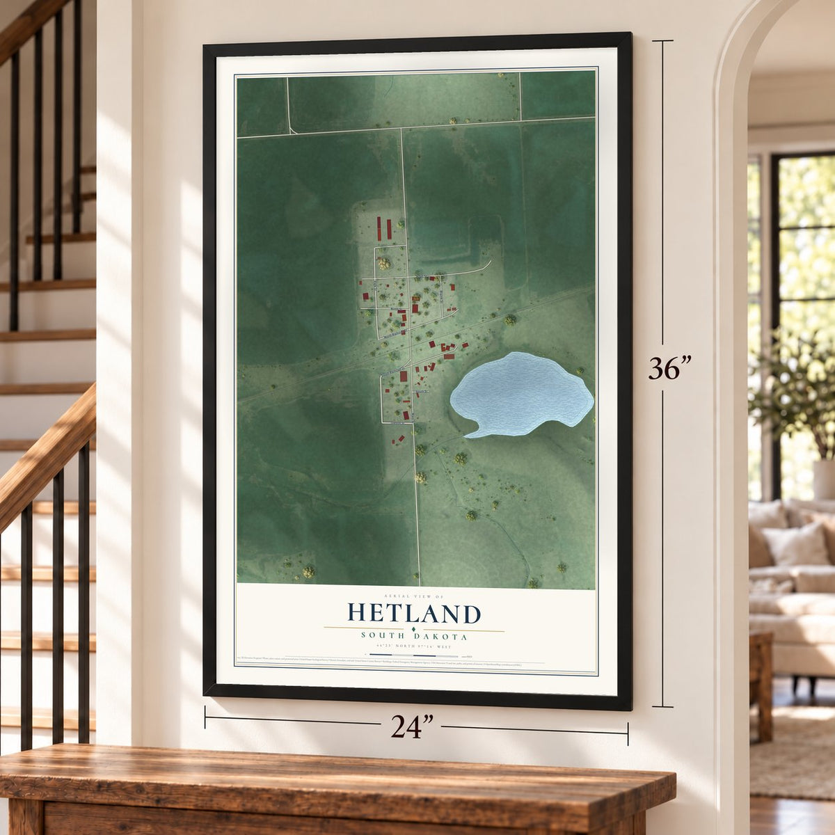 Hetland, South Dakota map, 24 x 36 inch print in a black frame by a staircase