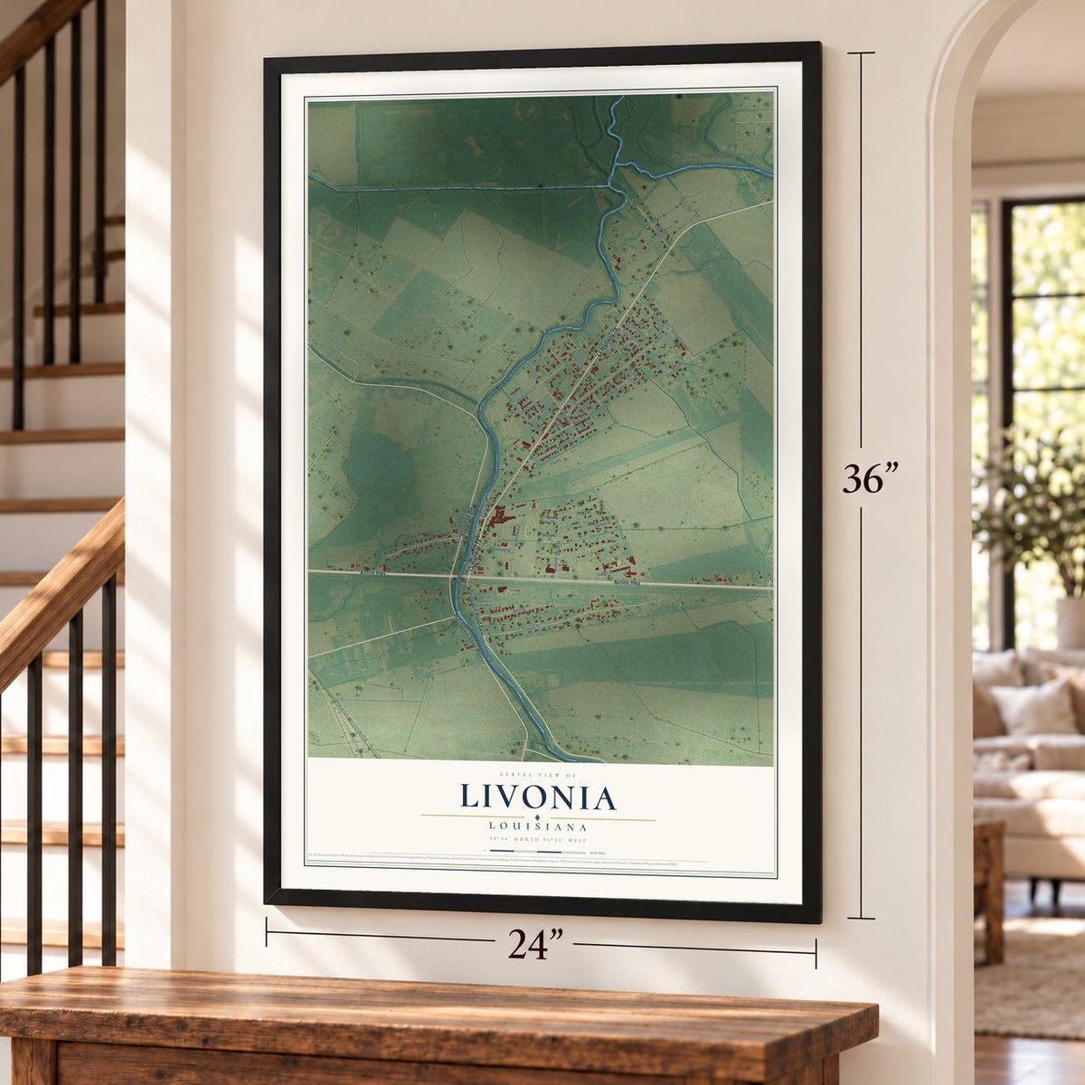 Livonia, Louisiana map, 24 x 36 inch print in a black frame by a staircase