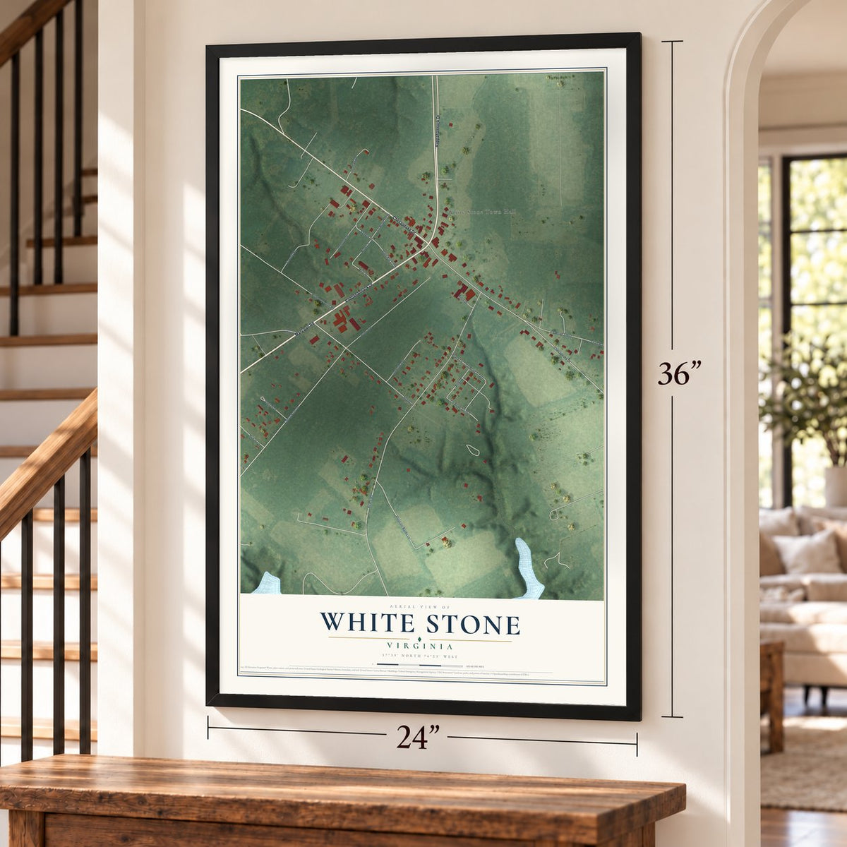 White Stone, Virginia map, 24 x 36 inch print in a black frame by a staircase