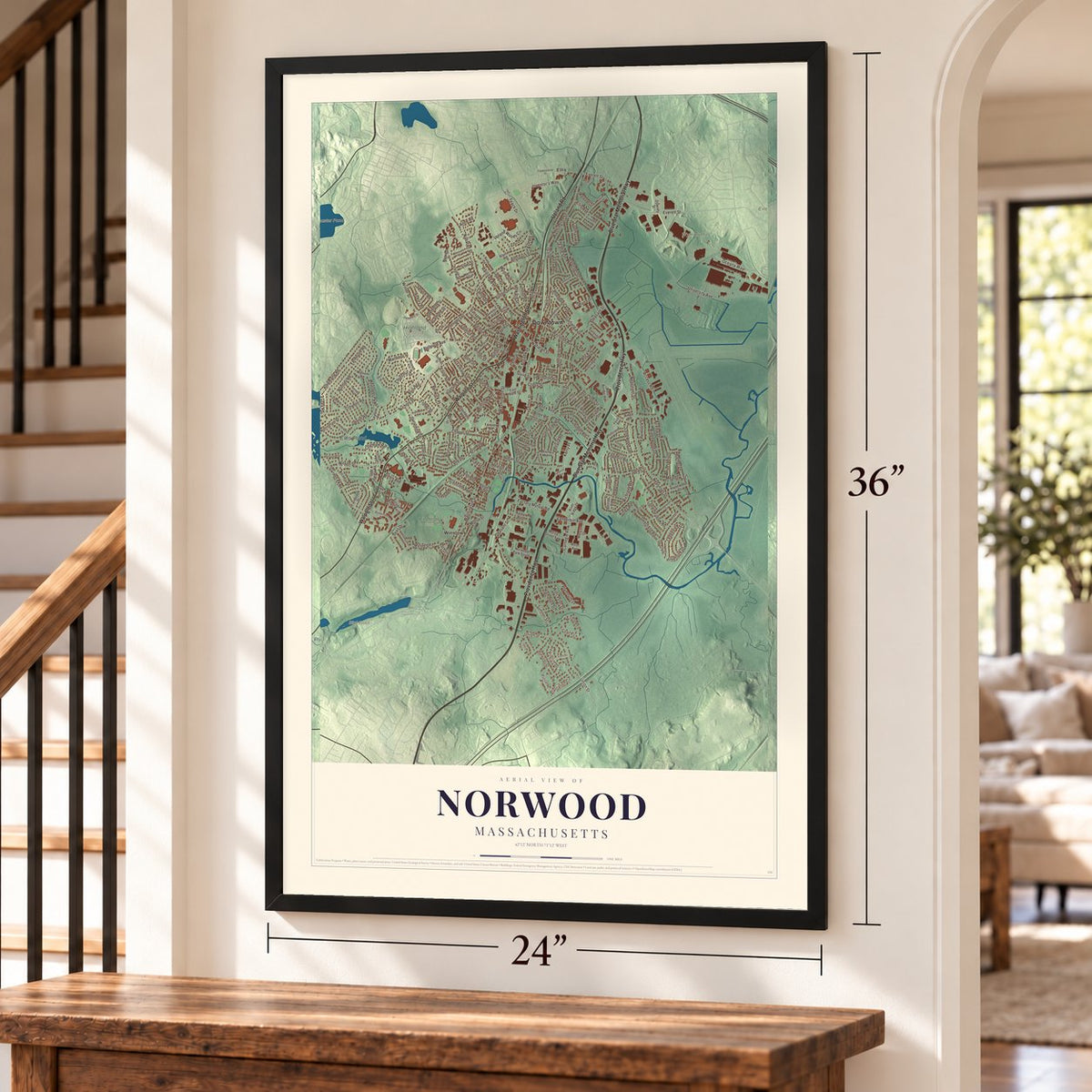 Norwood, Massachusetts map, 24 x 36 inch print in a black frame by a staircase