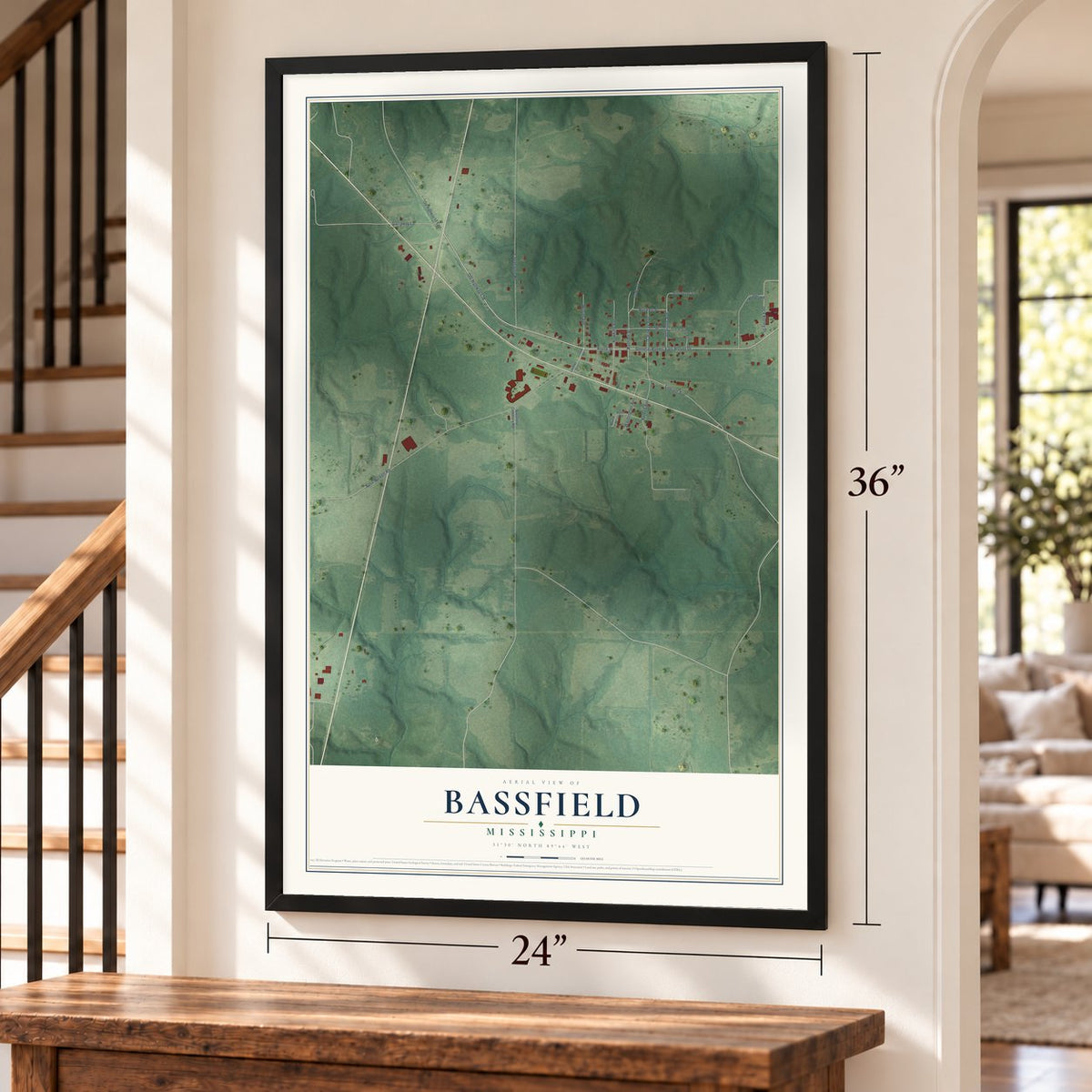 Bassfield, Mississippi map, 24 x 36 inch print in a black frame by a staircase