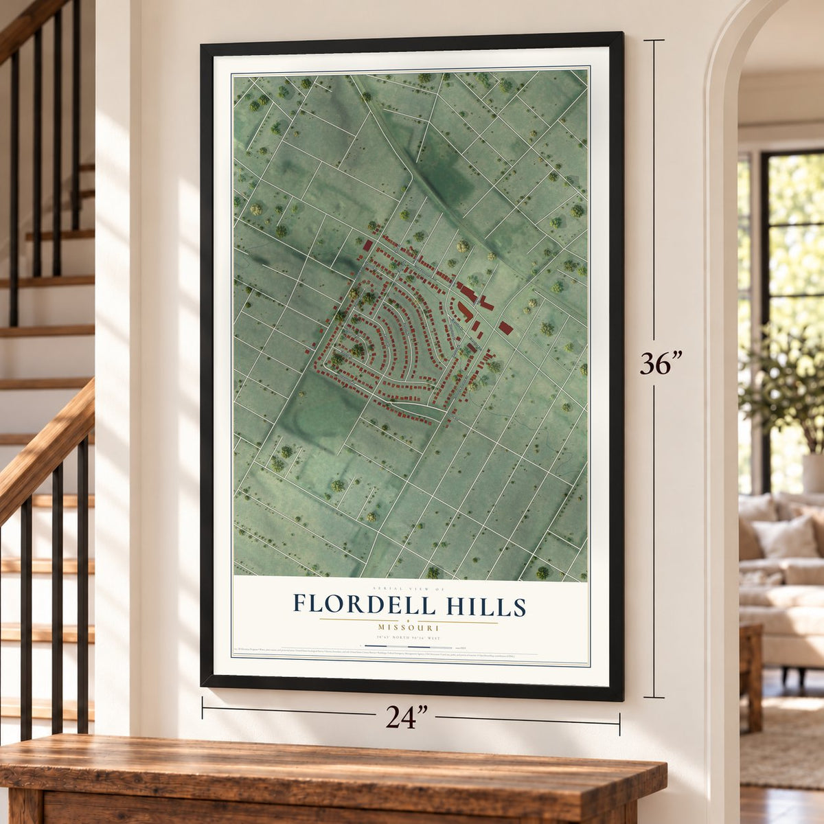 Flordell Hills, Missouri map, 24 x 36 inch print in a black frame by a staircase